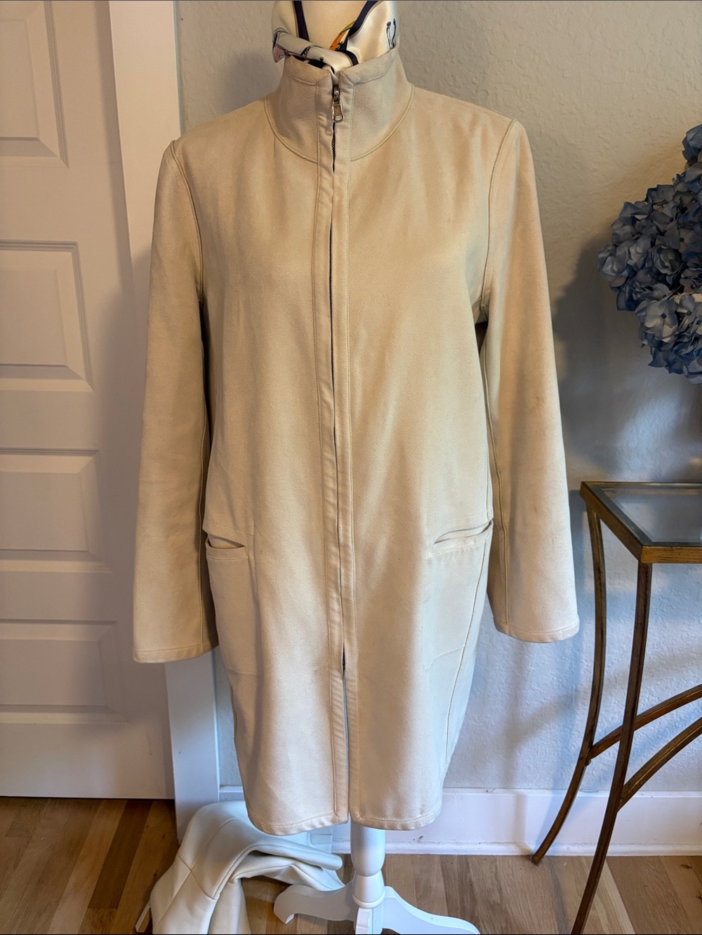 Womens Funnel neck beige Car Coat Length Zip-Front Coat